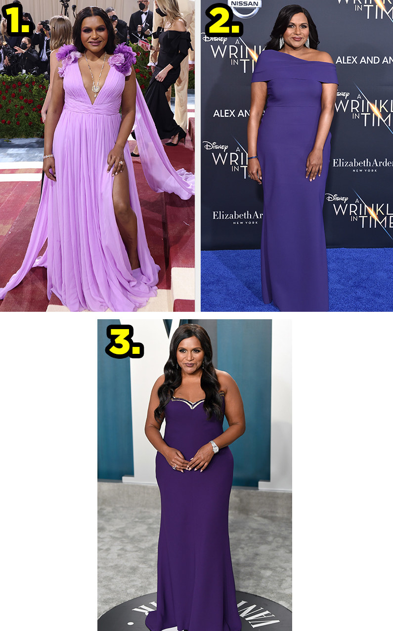 1. Mindy wears a long flowing grecian goddess-like gown with 3D flowers on the shoulders. 2. Mindy wears a simple off the shoulder gown. 3. Mindy wears a strapless gown with metallic neckline.