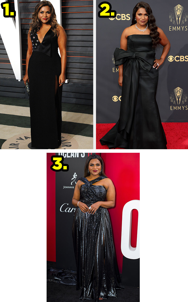 1. Mindy wears a v-neck gown with metal detailing on the bodice. 2. Mindy wears a strapless gown with a giant bow on the waist. 3. Mindy wears an asymmetrical halter style dress that shimmers.