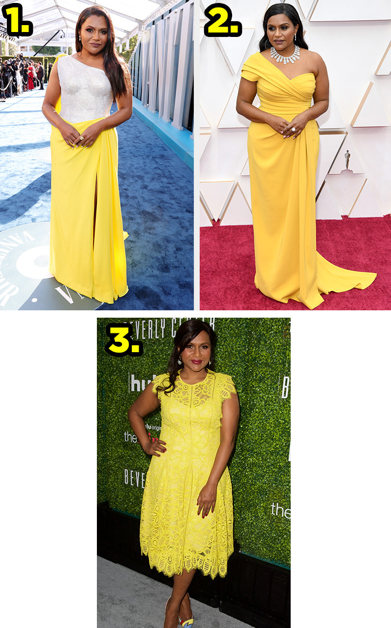 1. Mindy wears a metal-looking corset top with a long flowing skirt. 2. Mindy wears a one shouldered sweetheart neckline gown. 3. Mindy wears a tea-length lace dress.
