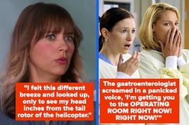 Left: Rashida Jones as Ann Perkins widens her eyes and looks over in "Parks and Recreation" Right: Katherine Heigl as Izzie Stevens covers her mouth with her hands beside Chyler Leigh as Lexie Grey in "Grey's Anatomy"