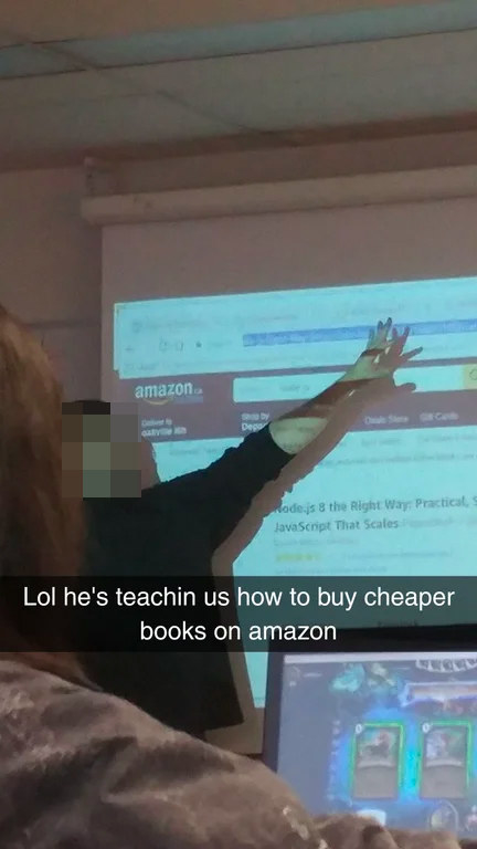 On a projector screen, a teacher is pointing things on Amazon and showing students how to get cheaper books