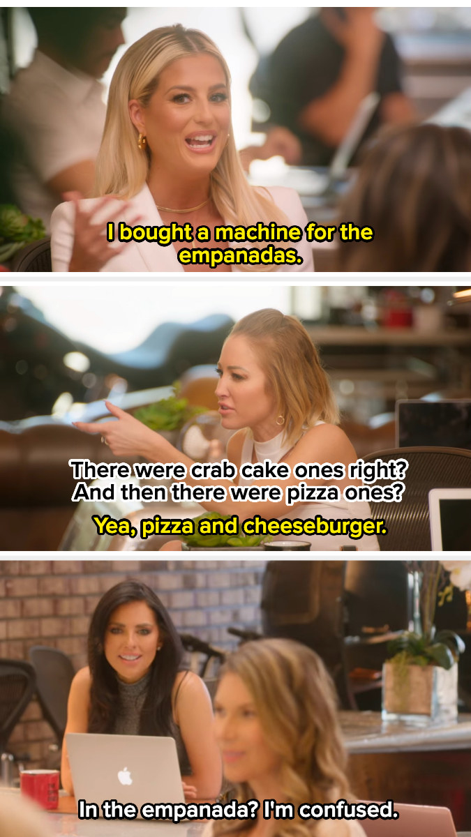 Emma and others talking about pizza and cheeseburger empanadas, and one person says they&#x27;re confused