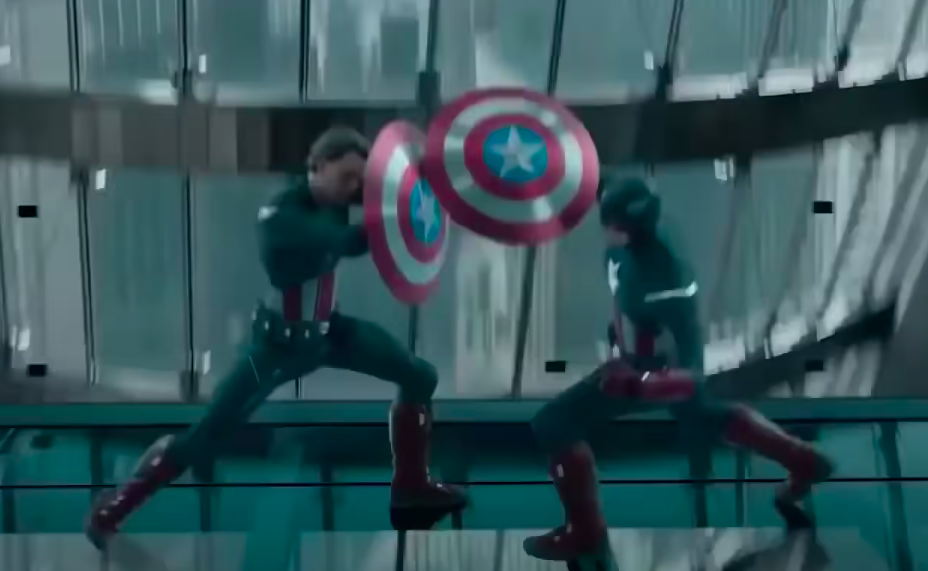 Two versions of Captain America, one with a headpiece on and one without, fighting each other
