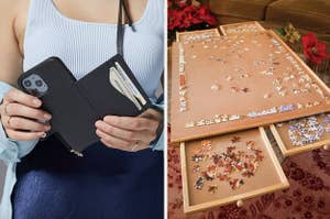 (left) phone case with card slots (right) puzzle board with drawers