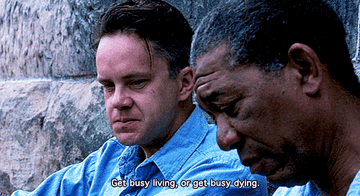 Tim Robbins as Andy Dufresne saying &quot;Get busy living, or get busy dying&quot; to Morgan Freeman as Red