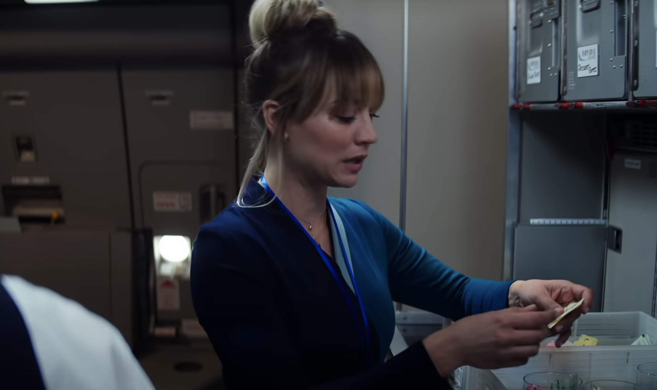 Kaley Cuoco prepping food at the back of the plane in &quot;The Flight Attendant&quot;