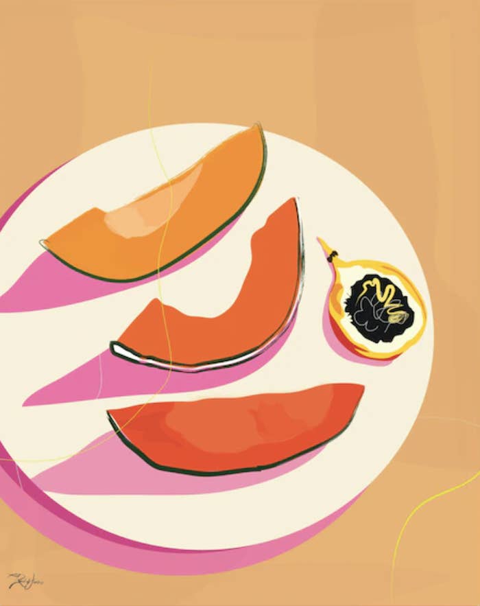 The art print featuring a plate with three cantaloupe slices and a fig