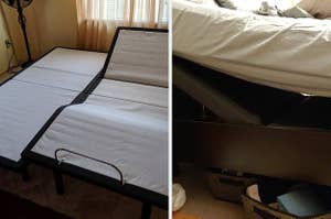 left: reviewer photo of split king adjustable bed frame. right: reviewer photo of mattress on adjustable bed frame.