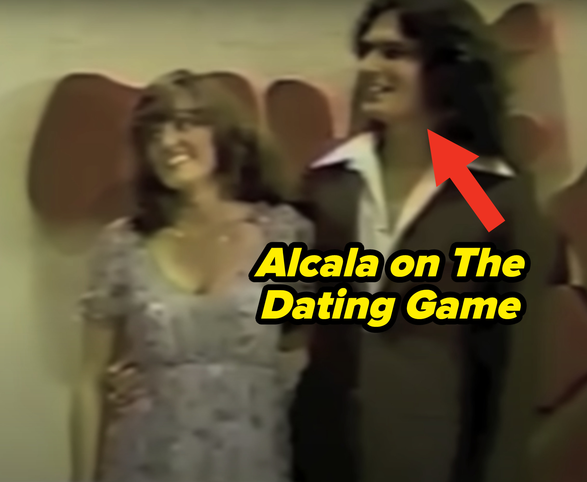 an arrow pointing to Alcala on the dating show with his arm around a woman