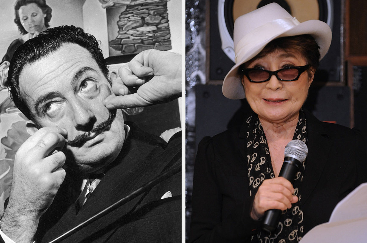 Dali looking up and fixing his mustache and Ono in a fedora holding a mic