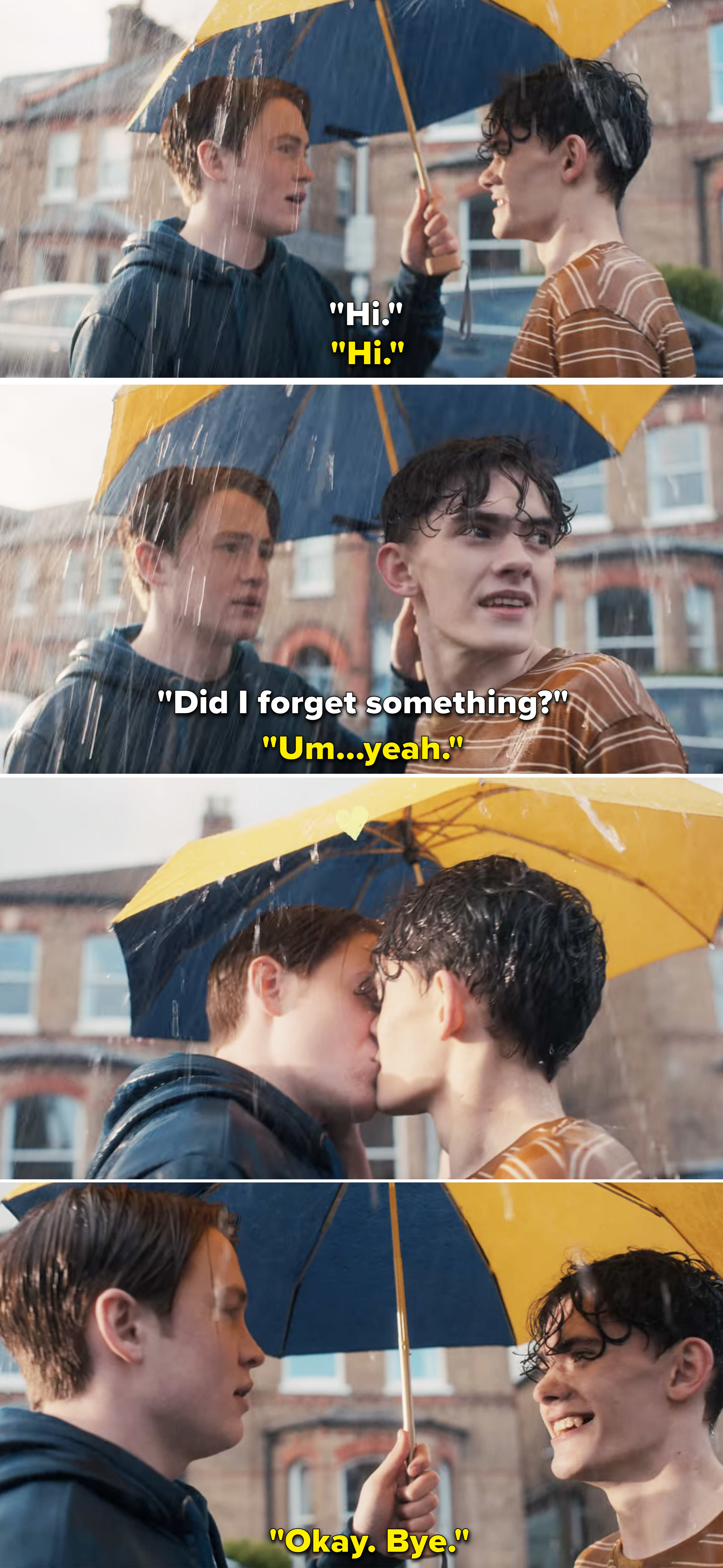 Nick and Charlie greeting each other, kissing each other in the rain, and saying goodbye
