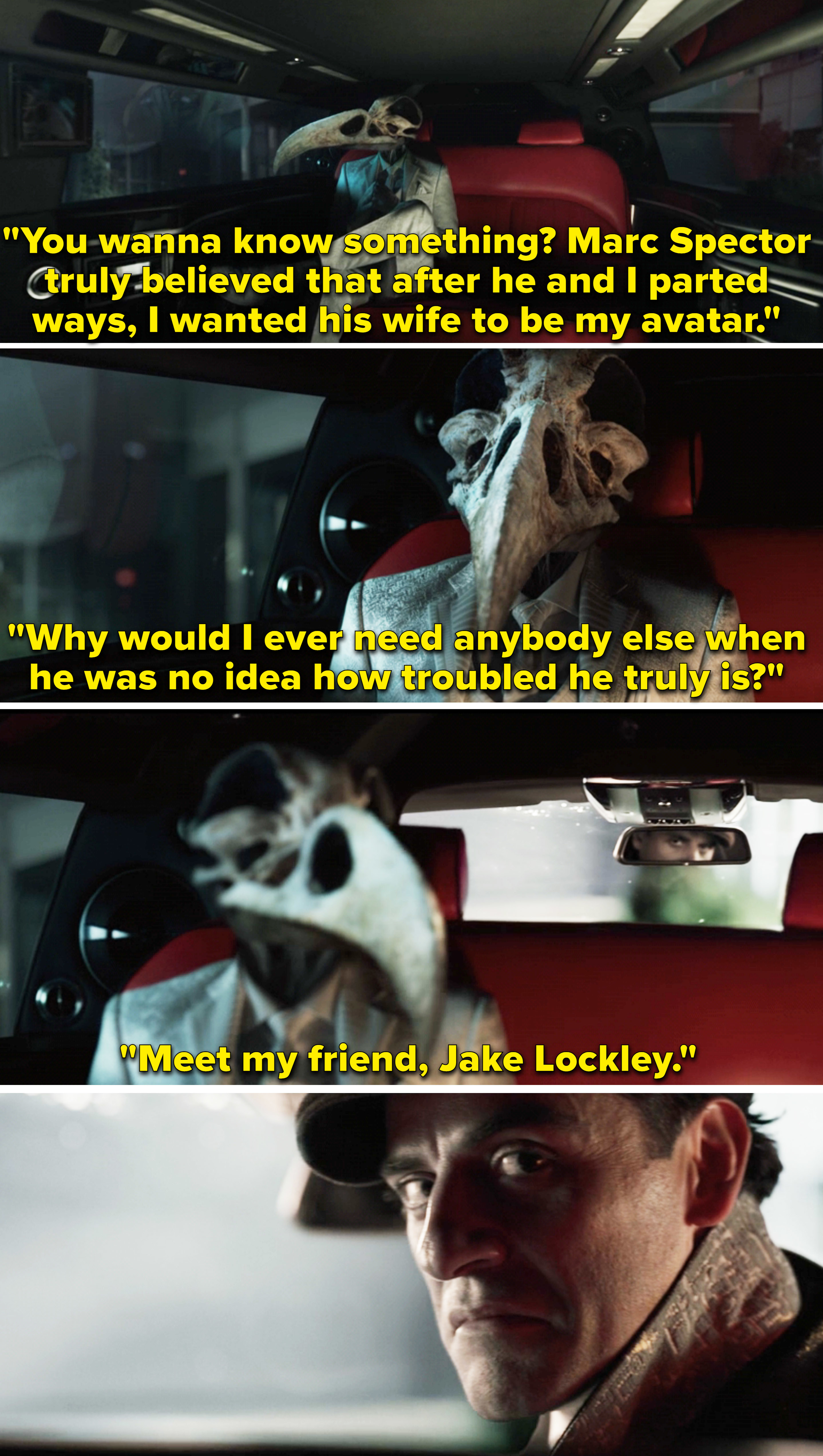 Khonshu talking in a car and saying, &quot;Meet my friend, Jack Lockley,&quot; and Marc turning around and looking mad