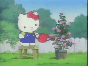cartoon Hello Kitty watering her flowers outside