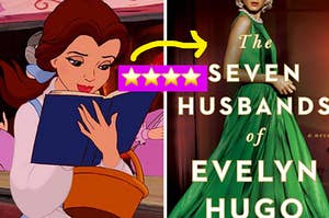 belle from beauty and the beast reads a book next to an image of the book the seven husbands of evelyn hugo
