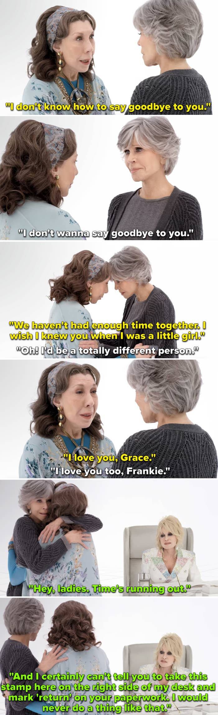 Grace and Frankie saying bye to each other and an angel telling them their time is running out