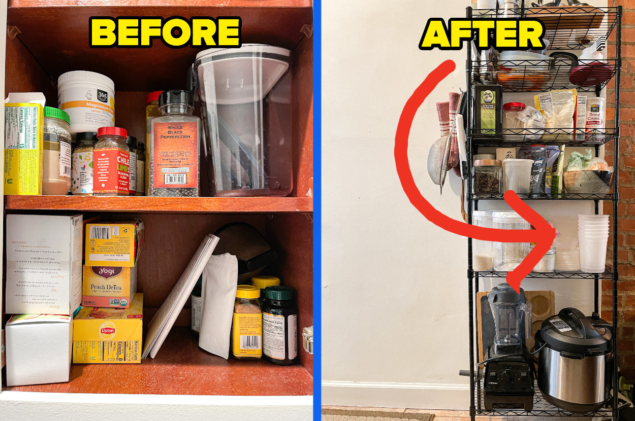 Before and After or a small pantry made into a larger one with a tall wire shelving unit