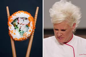 On the left, someone picking up a piece of sushi in between chopsticks, and on the right, Chef Anne Burrell scrunching up her nose in disgust on Worst Cooks in America