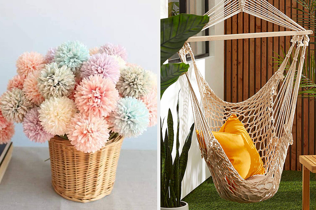 fake chrysanthemums and a hanging macrame chair