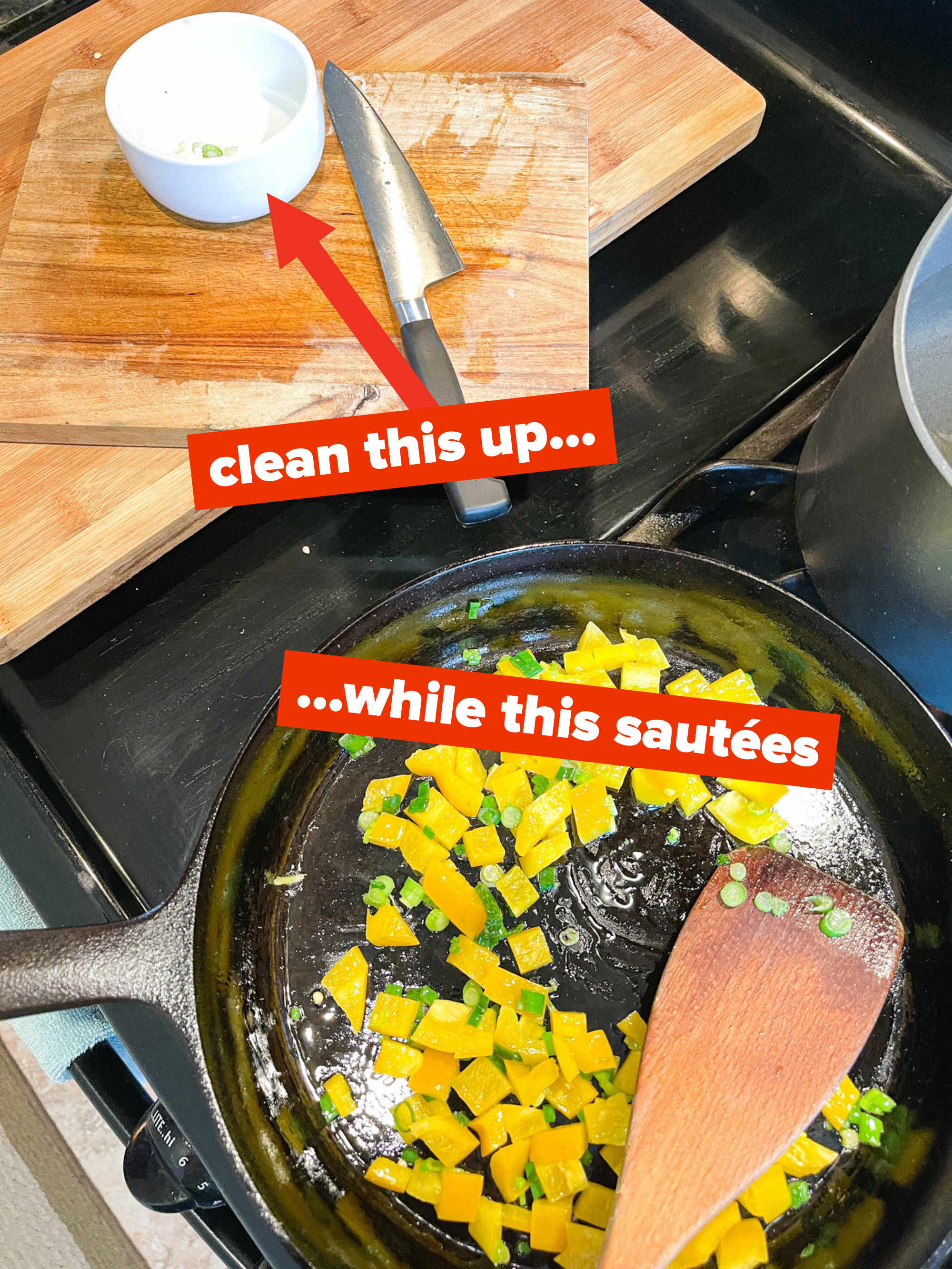 put away dirty dishes while one thing cooks
