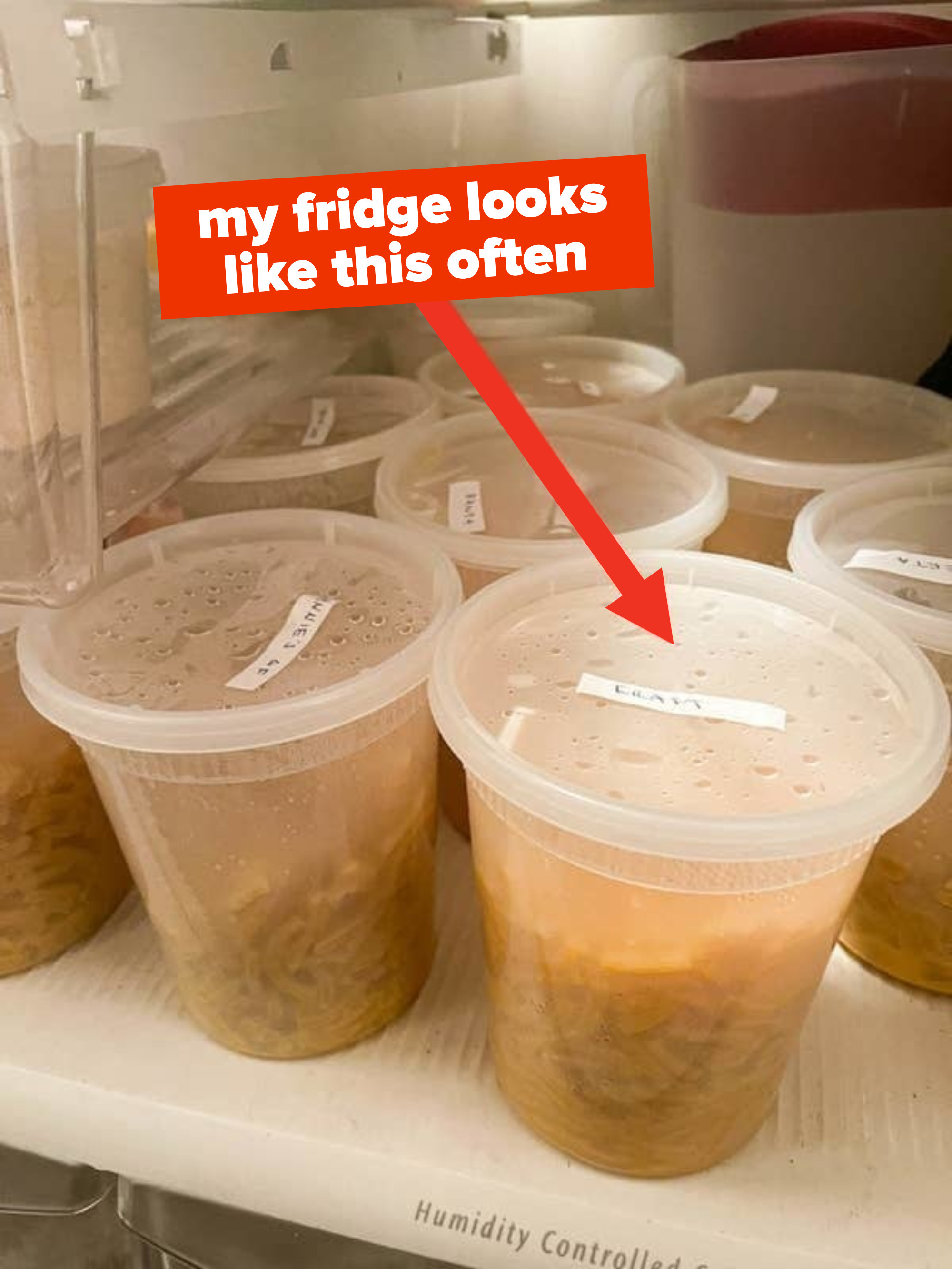 fridge full of leftovers in the clear deli containers with labels