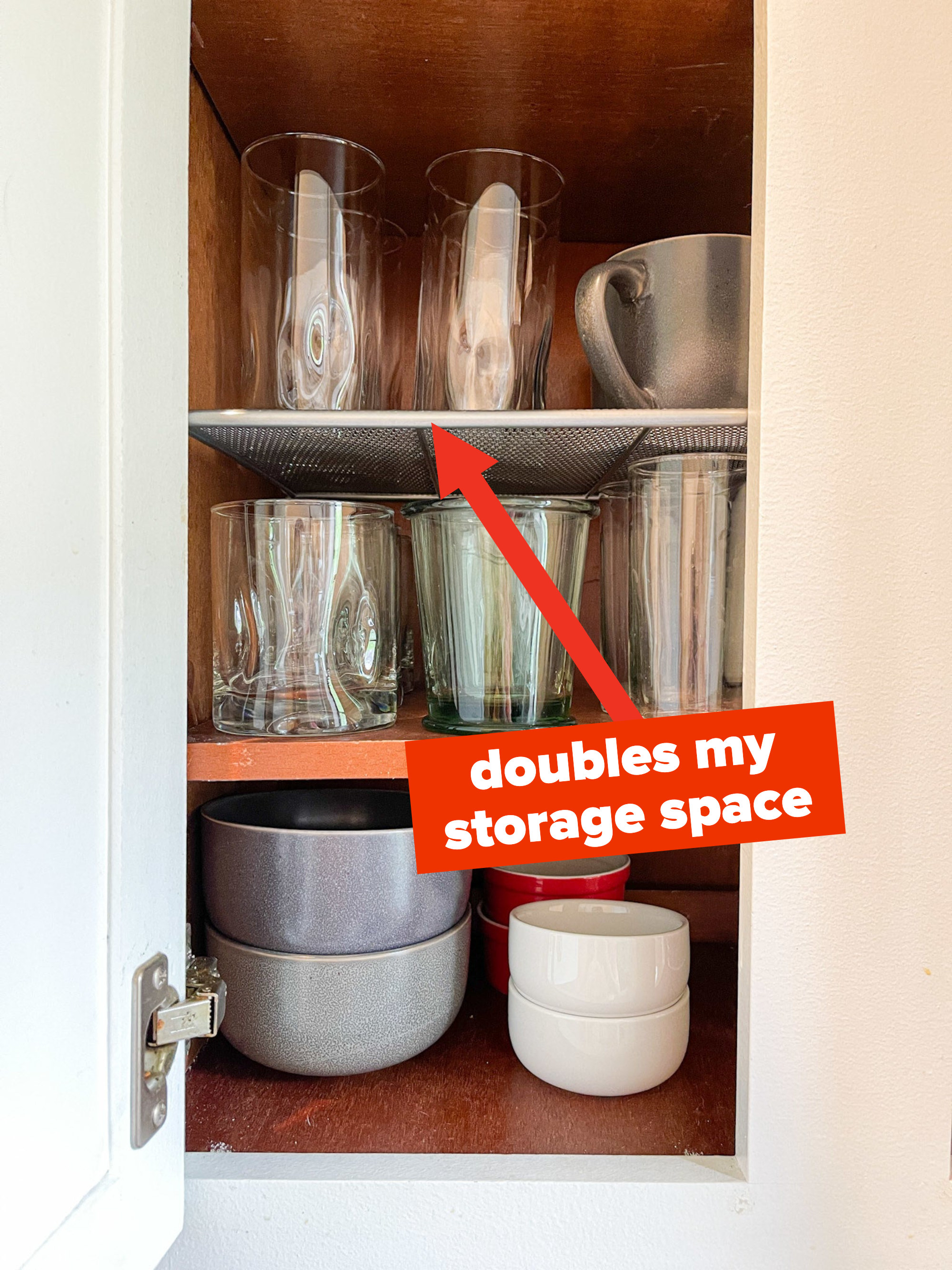 doubling storage space with a wire rack in the cabinet