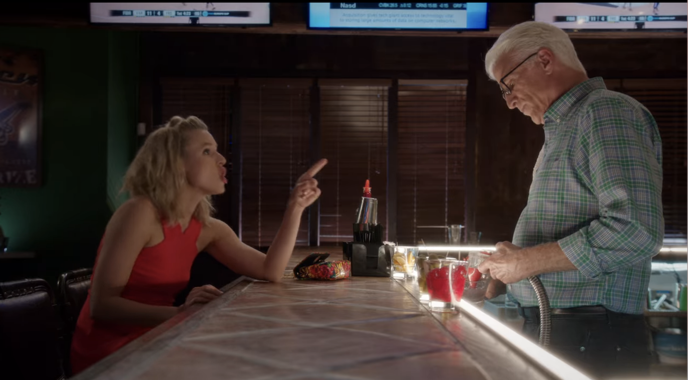 Ted Danson behind the bar serving Kristin Bell&#x27;s character