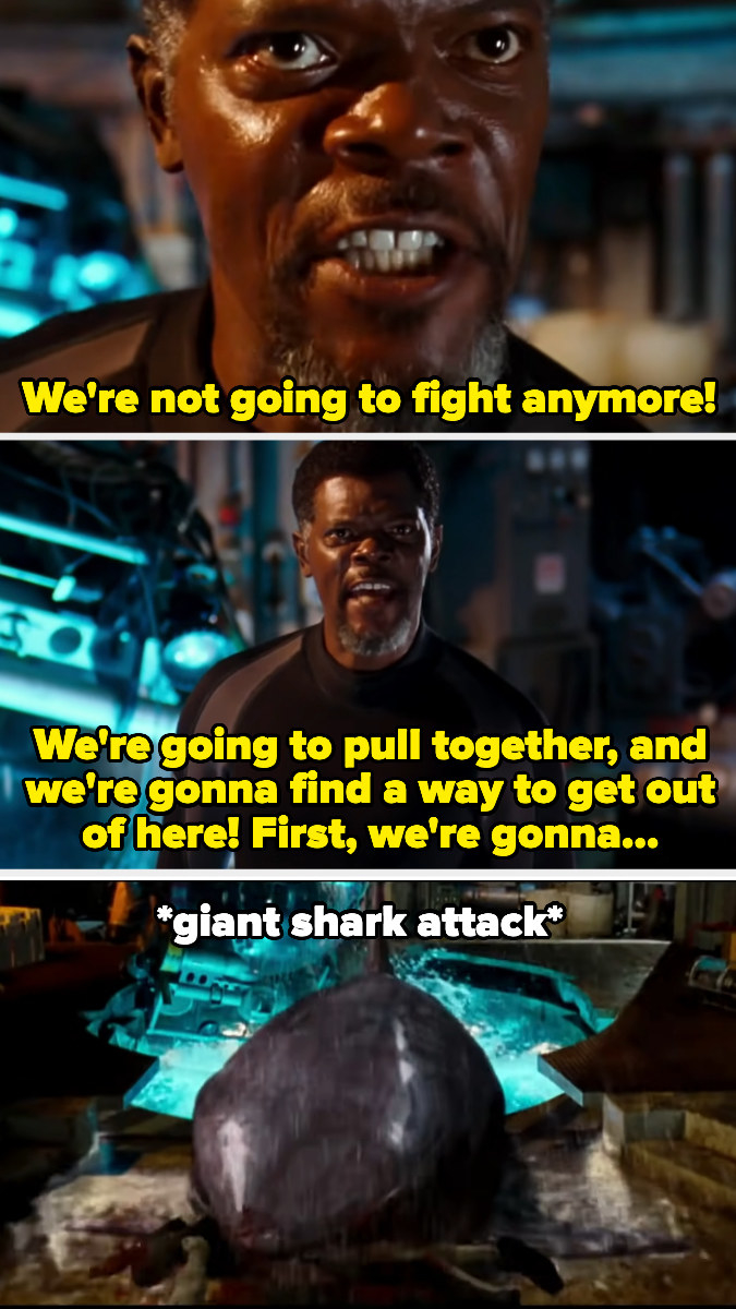 a shark eats Samuel L. Jackson while he&#x27;s in the middle of a speech