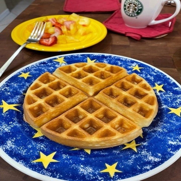 reviewer's photo of crispy golden Belgian waffle