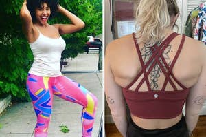 on the left pink patterned leggings, on the right the back of a maroon strappy sports bra
