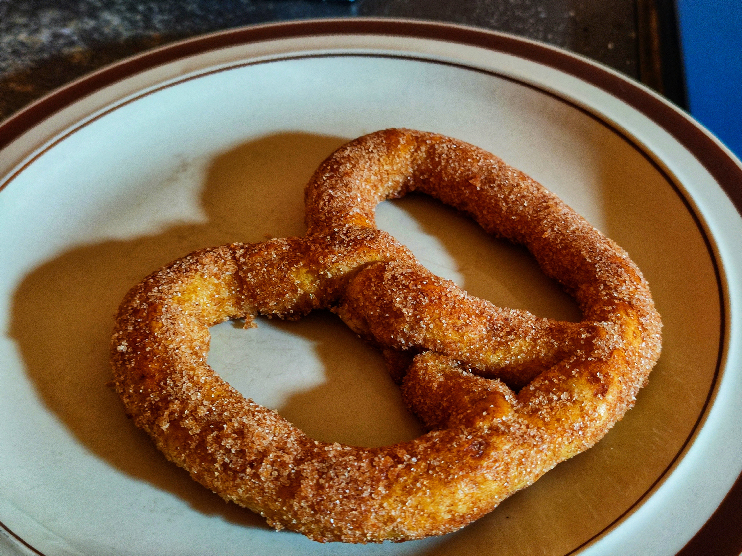 A sugared pretzel sitting on a plate.