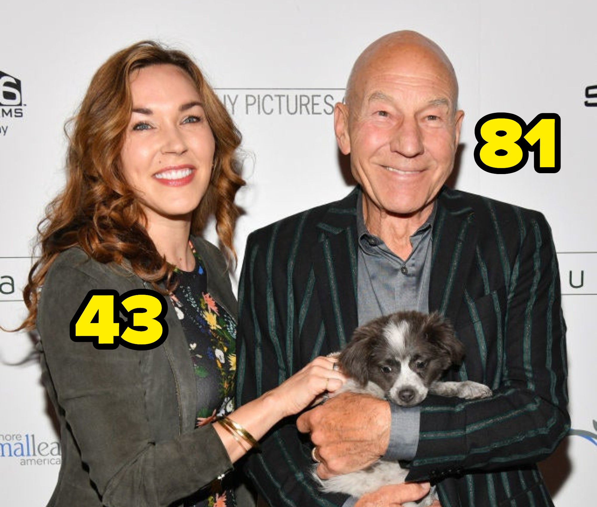 Sunny Ozell and Patrick Stewart holding a dog.