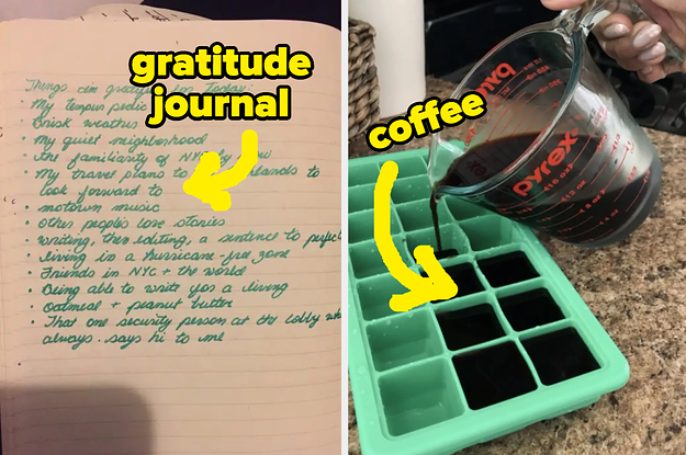 Left: Entries in a gratitude journal Right: Coffee poured into an ice cube tray