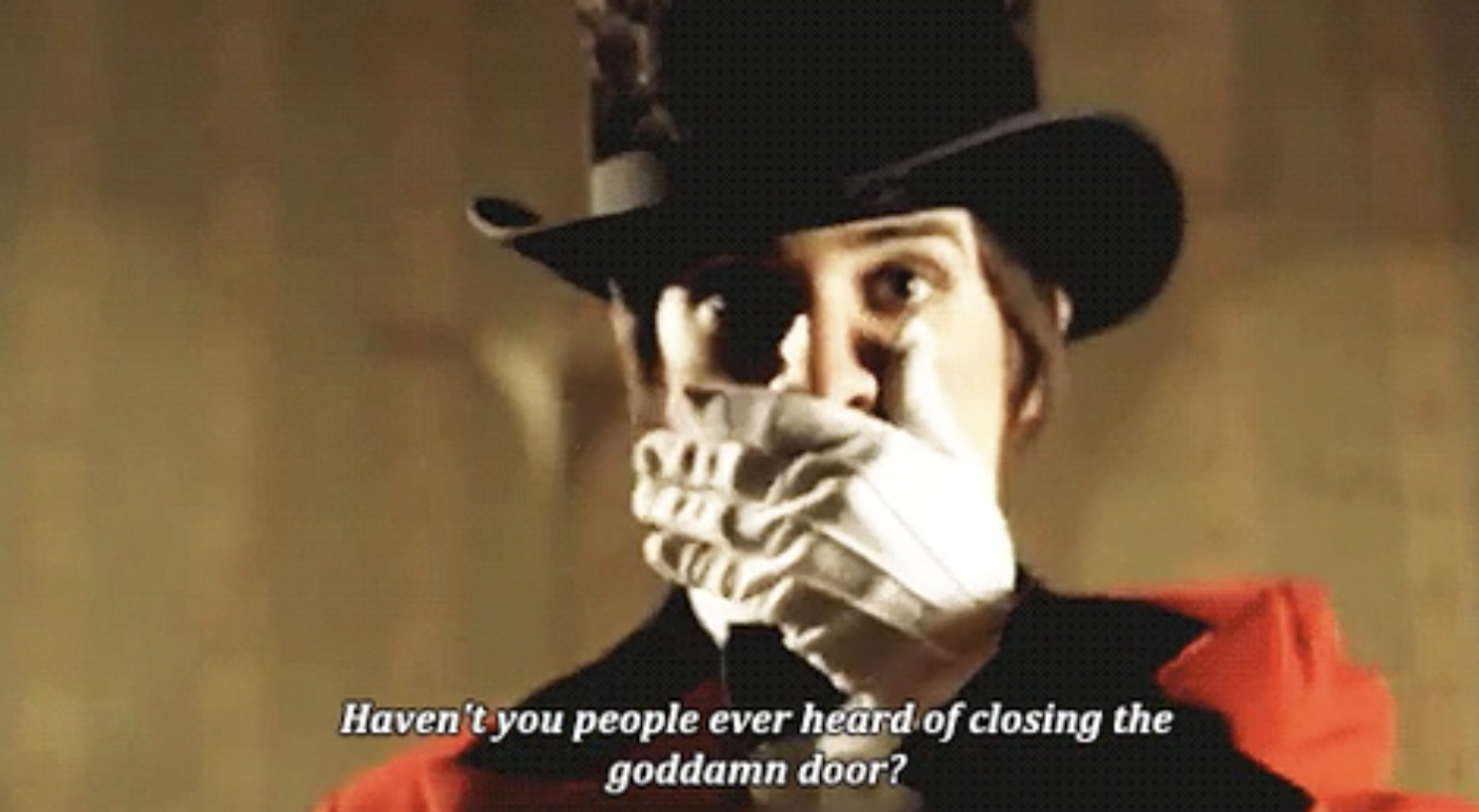 Brendon urie covering his mouth with the text &quot;Haven&#x27;t you people ever heard of closing the goddamn door?&quot;