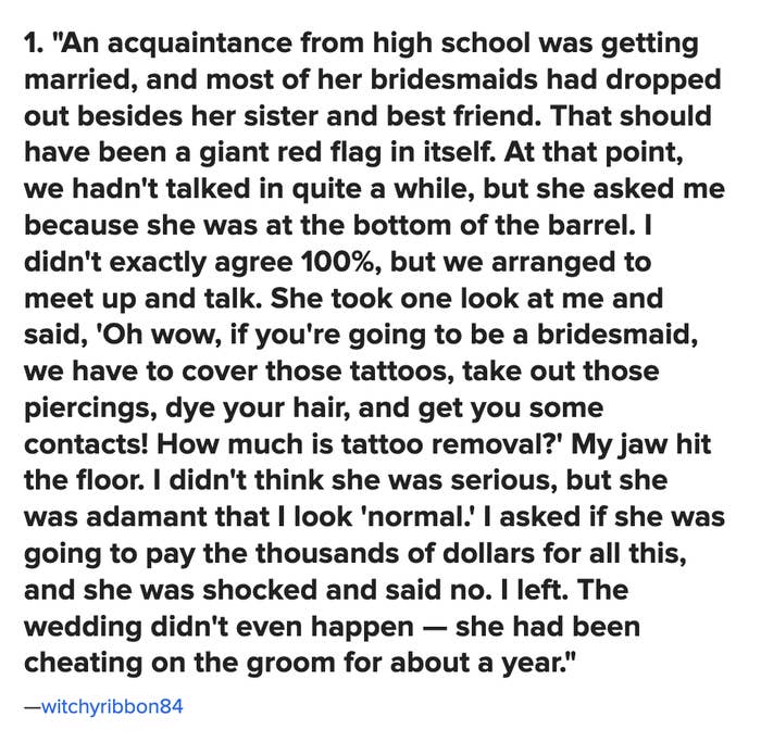 A screenshot of a story about a bride asking someone to cover tattoos, remove piercings, dye hair, get contacts, and pay for all of it herself