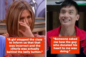 Left: Jennifer Aniston as Rachel Greene holds a hand to her face and smiles in "Friends" Right: Manny Jacinto as Jason Mendoza smiles in "The Good Place"