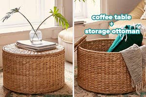 the seagrass ottoman with text "coffee table + storage ottoman"