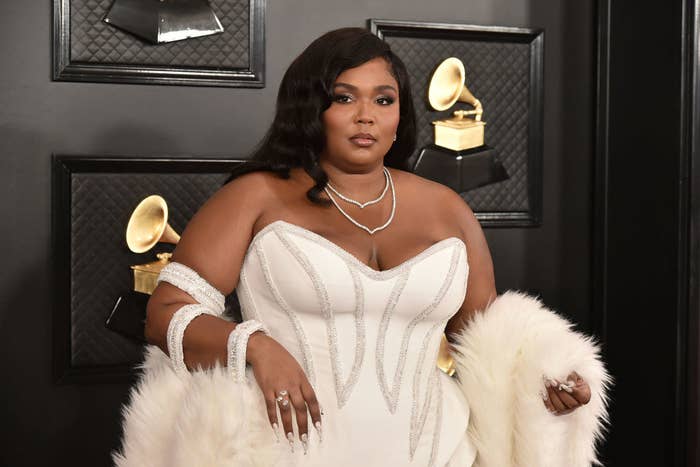 Lizzo in a strapless gown at the Grammys