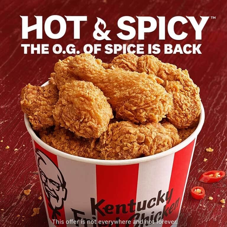 A bucket of hot and spicy KFC chicken