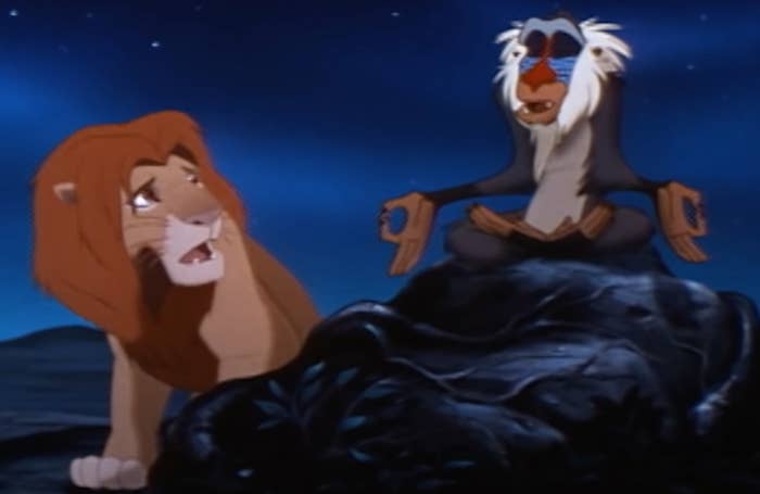 Animated lion and monkey from the 1994 film The Lion King