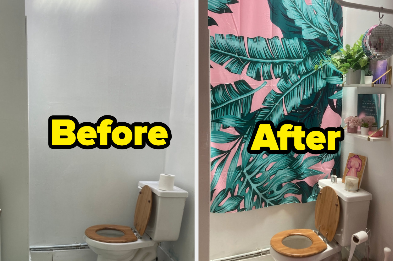 A before and after picture of a bathroom with and without decor.
