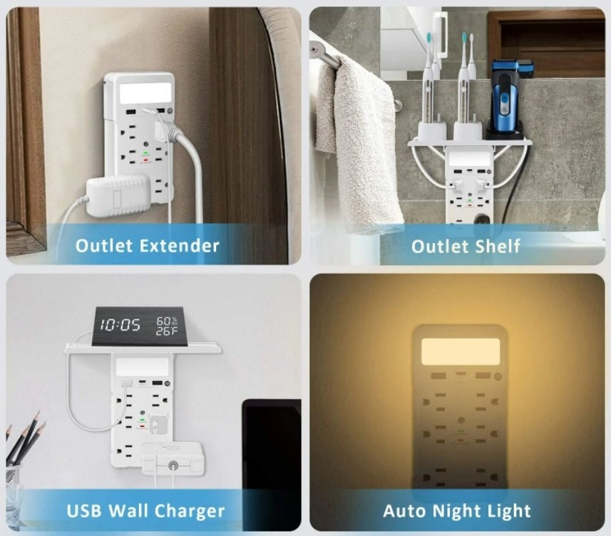 outlet extender with upper shelf, six outlets, two usb, and night light