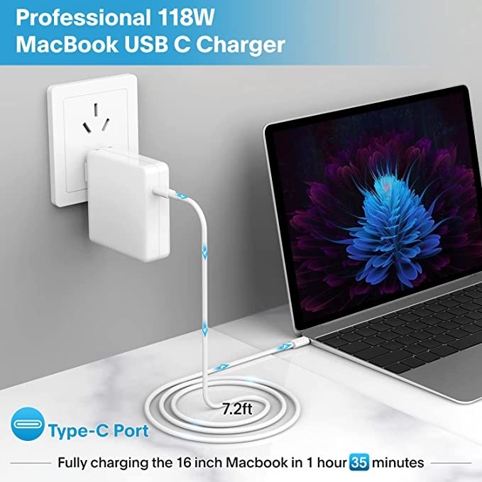the adaptor plugged into wall with usb c charging cord connecting it to macbook