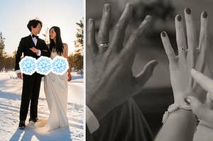 A bride and groom stand together in the snow and Vision and Wanda Maximoff's hands with their wedding rings on
