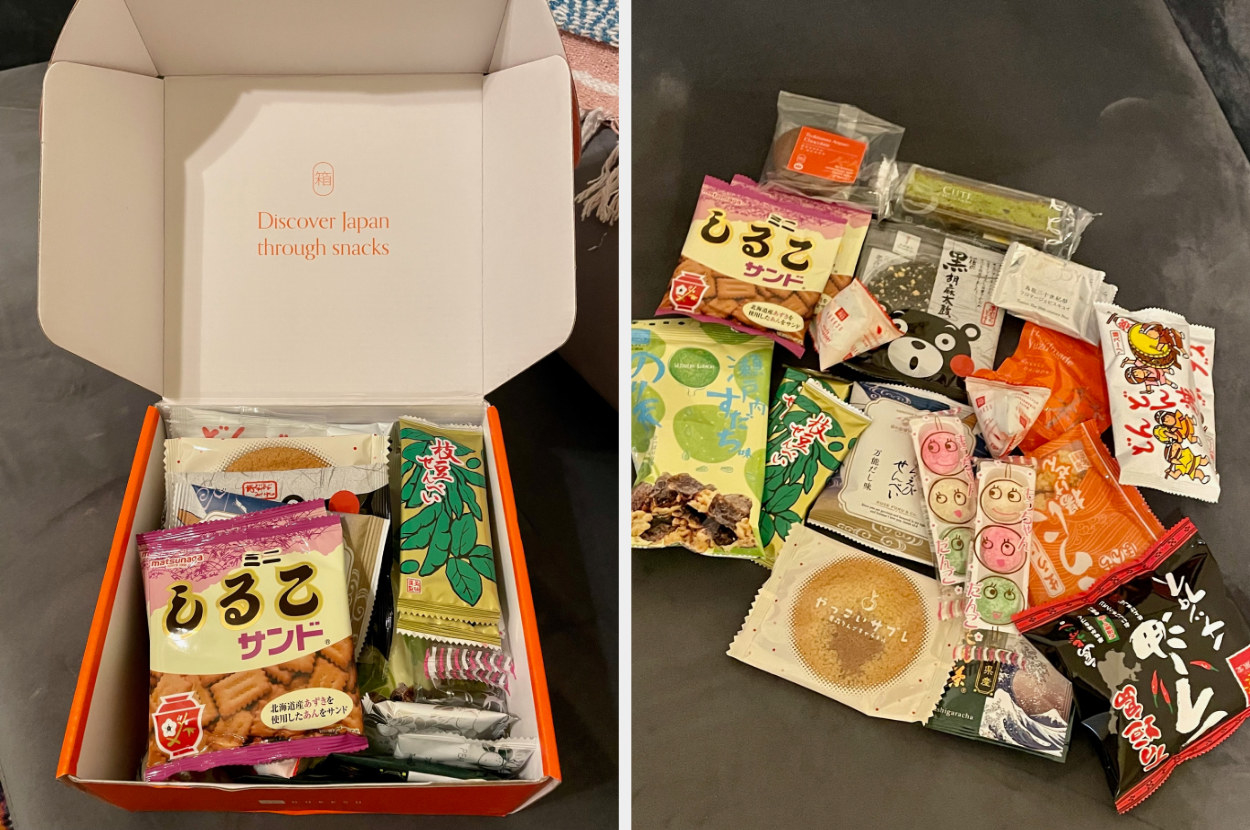 Two images: one of the open box showing it filled with snacks, the second with the snacks laid out