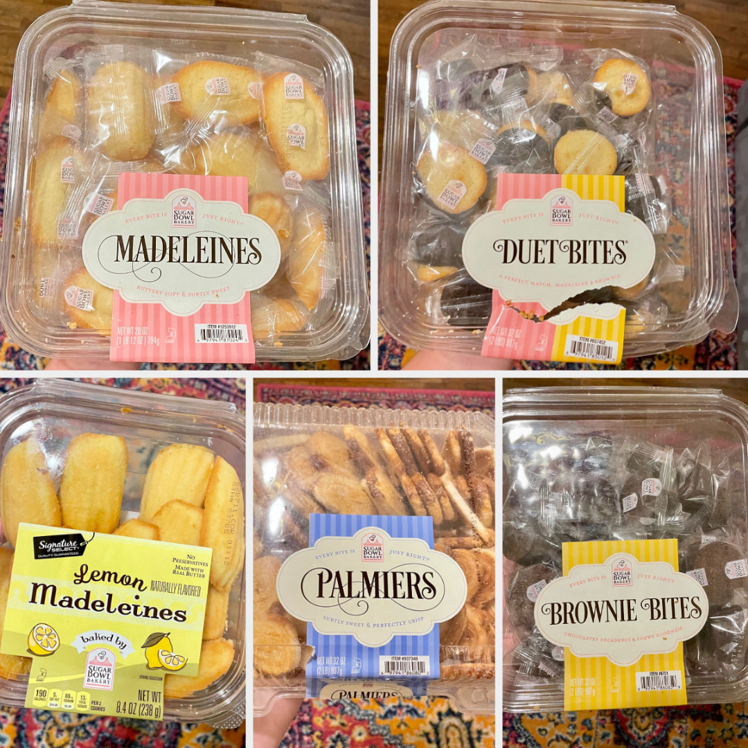 A picture collage of backed goods like brownie bites and madeleines
