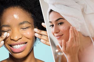 On the left is a person applying glossy face cream and on the right is a person with their hair in a towel applying face cream