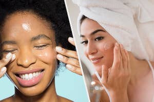 On the left is a person applying glossy face cream and on the right is a person with their hair in a towel applying face cream
