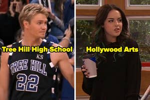 On the left, Chad Michael Murray as Lucas in One Tree Hill labeled Tree Hill High School, and on the right, Elizabeth Gilles as Jade in Victorious labeled Hollywood Arts
