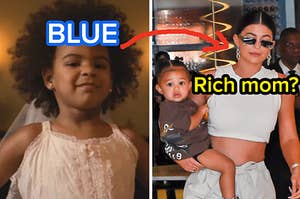 A close up of Blue Ivy Carter and Kylie Jenner walks with her daughter on her hip