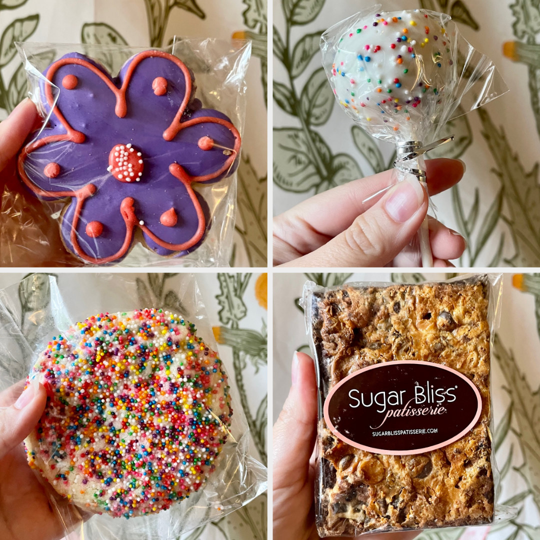 Four images of cookies, cake pops, and other treats
